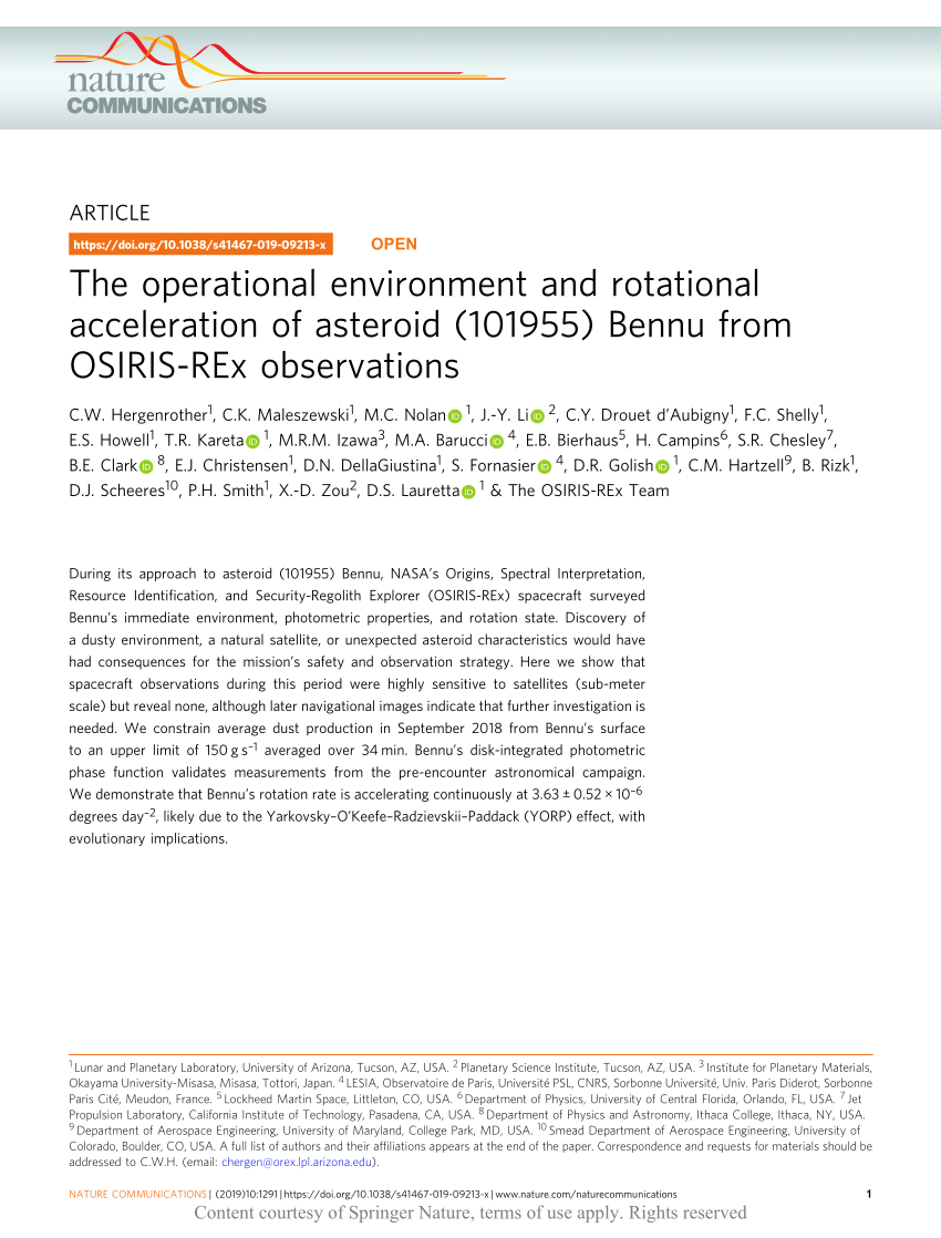 Pdf The Operational Environment And Rotational Acceleration Of Asteroid Bennu From Osiris Rex Observations