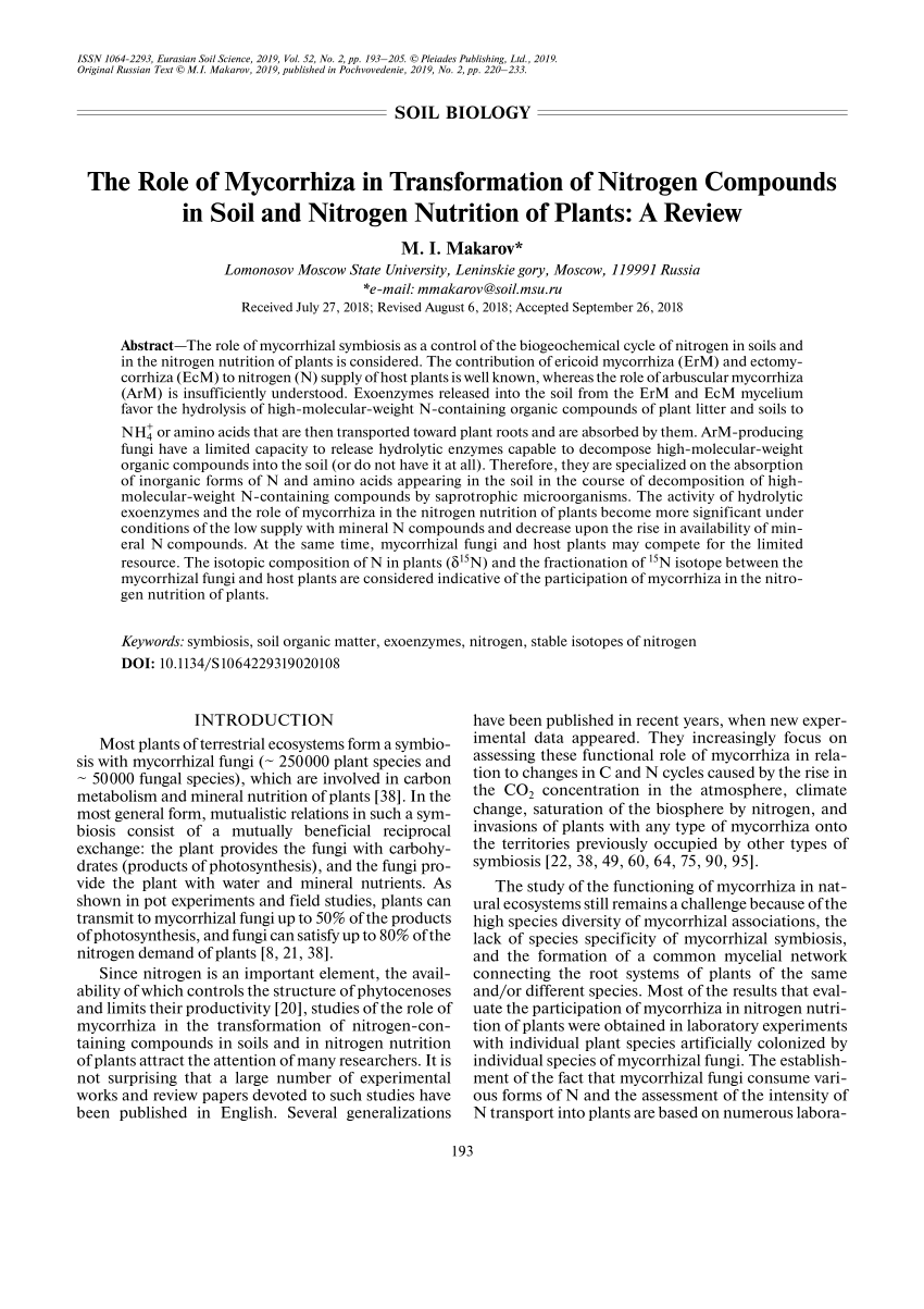 Pdf The Role Of Mycorrhiza In Transformation Of Nitrogen Compounds In Soil And Nitrogen Nutrition Of Plants A Review