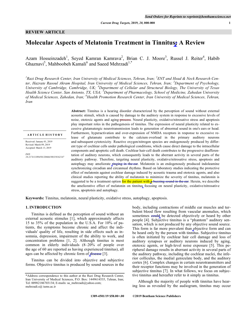 PDF) Molecular Aspects of Melatonin Treatment in Tinnitus: A Review