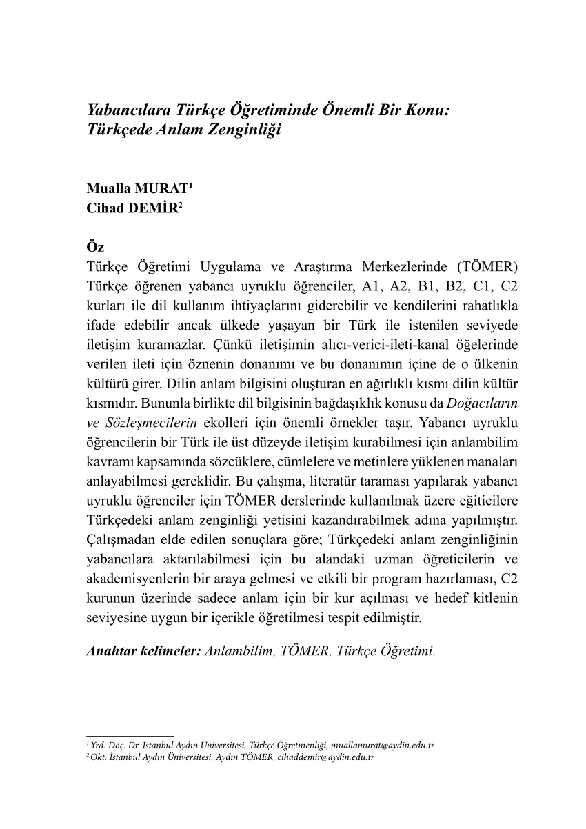 Pdf Yabancilara Turkce Ogretiminde Onemli Bir Konu Turkcede Anlam Zenginligi