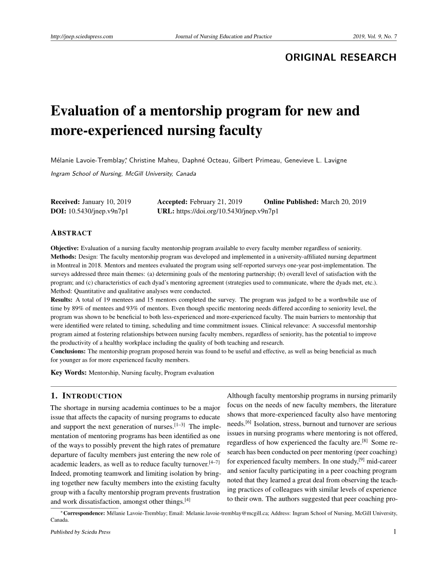 (PDF) Evaluation of a mentorship program for new and more experienced