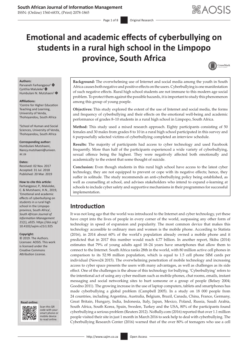 Pdf Emotional And Academic Effects Of Cyberbullying On Students In A Rural High School In The Limpopo Province South Africa