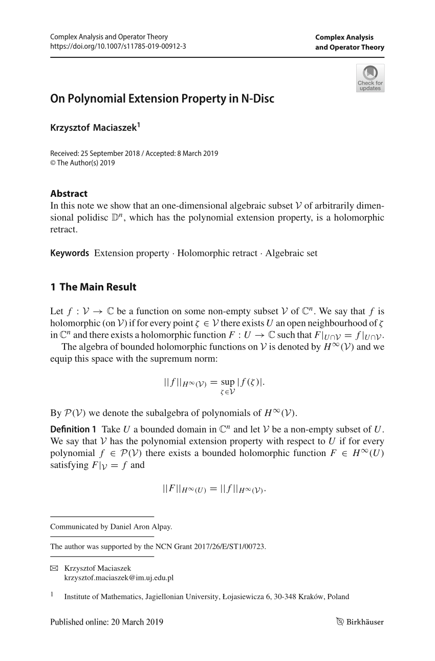 Pdf On Polynomial Extension Property In N Disc