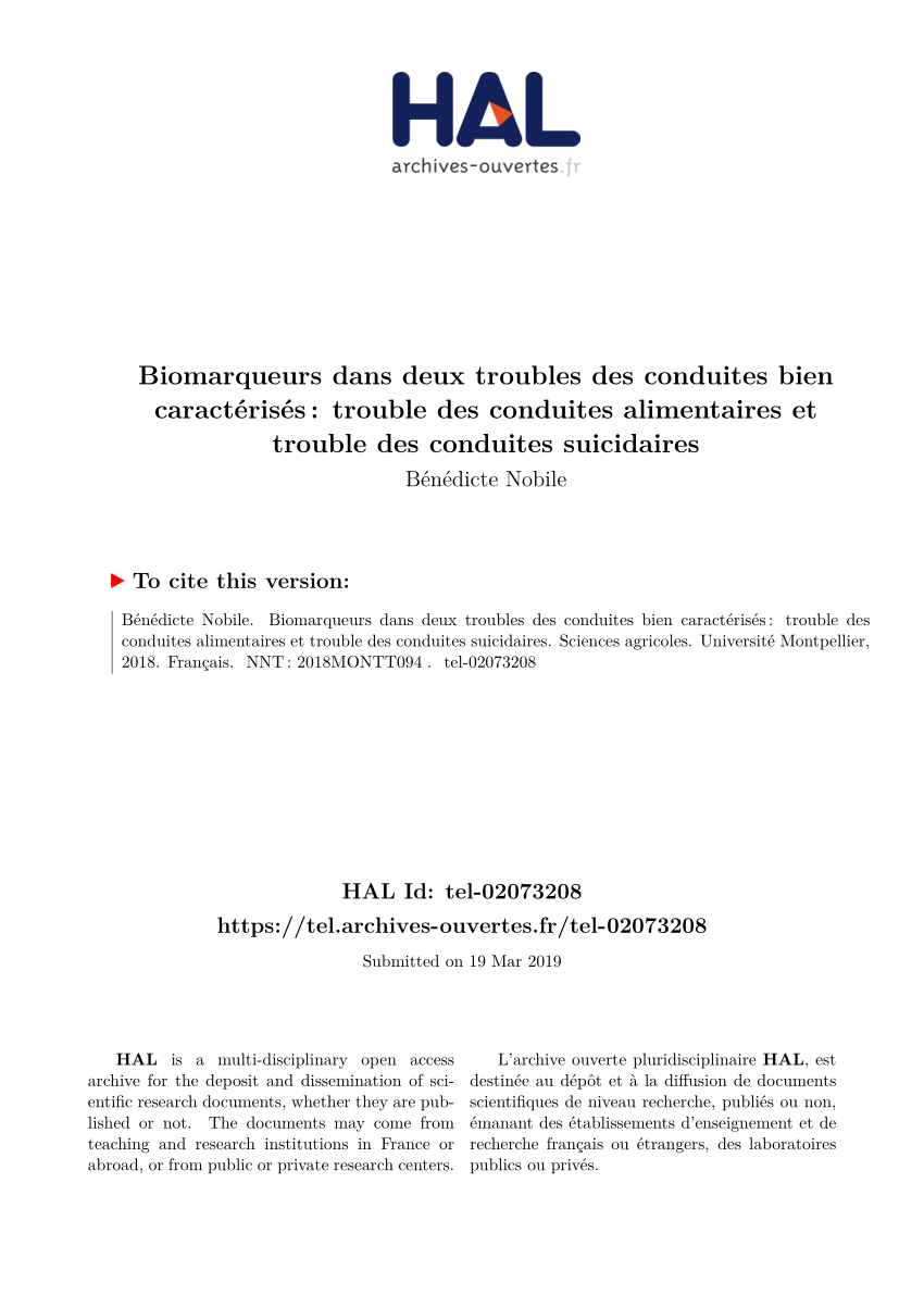 Pdf Biomarqueurs Dans Deux Troubles Des Conduites Bien Caracterises Trouble Des Conduites Alimentaires Et Trouble Des Conduites Suicidaires