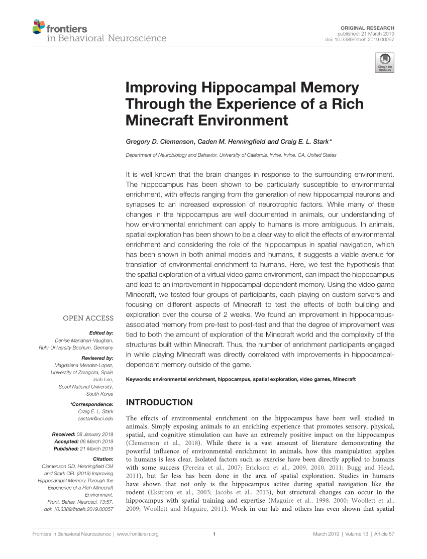 Pdf Improving Hippocampal Memory Through The Experience Of A Rich Minecraft Environment