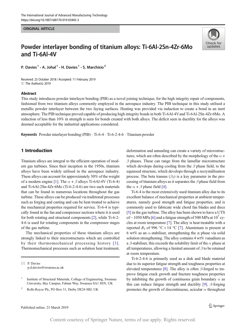 Pdf Powder Interlayer Bonding Of Titanium Alloys Ti 6al 2sn 4zr 6mo And Ti 6al 4v