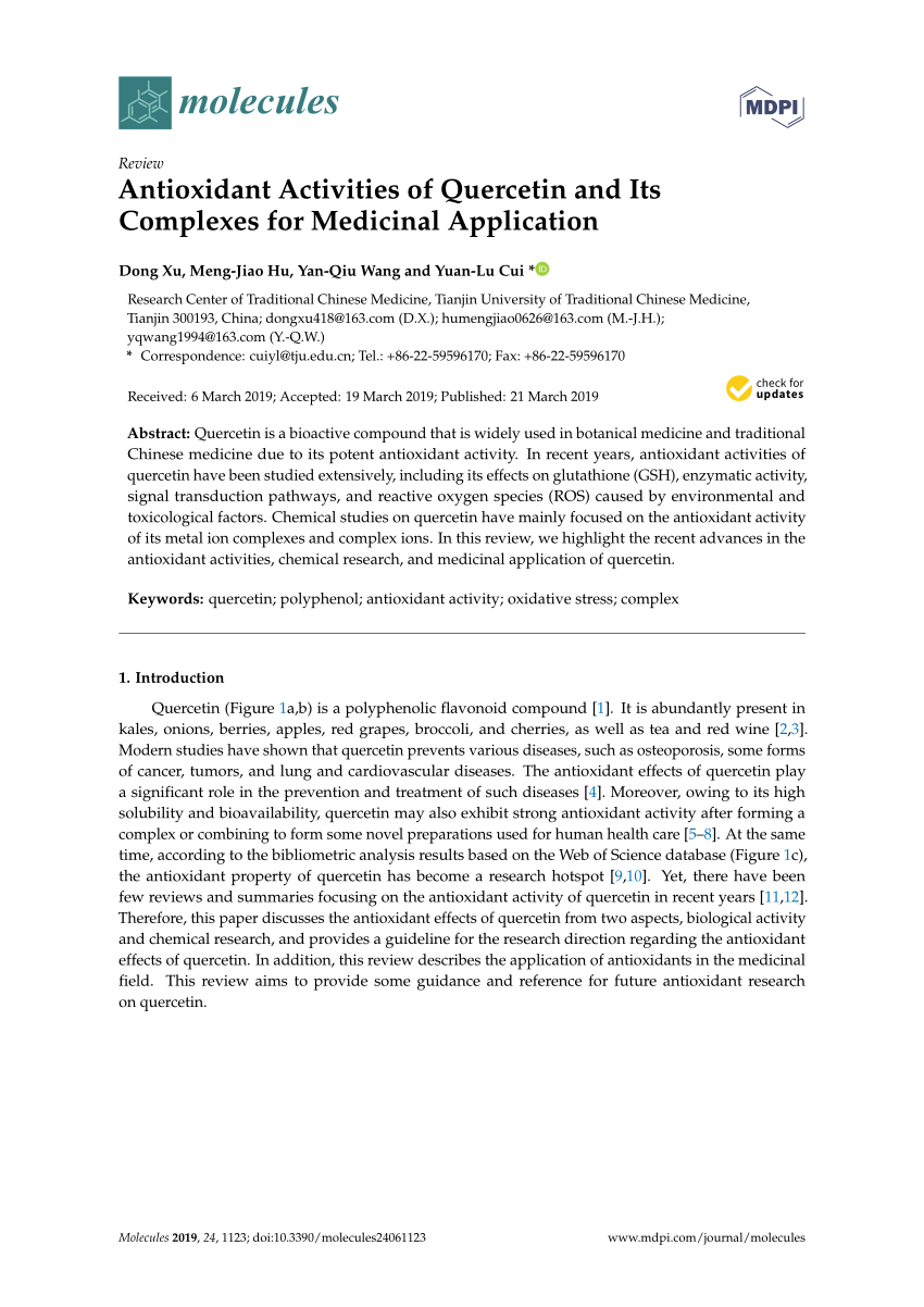 Pdf Antioxidant Activities Of Quercetin And Its Complexes For Medicinal Application
