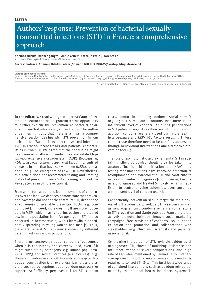 Pdf Authors Response Prevention Of Bacterial Sexually Transmitted Infections Sti In France 1792