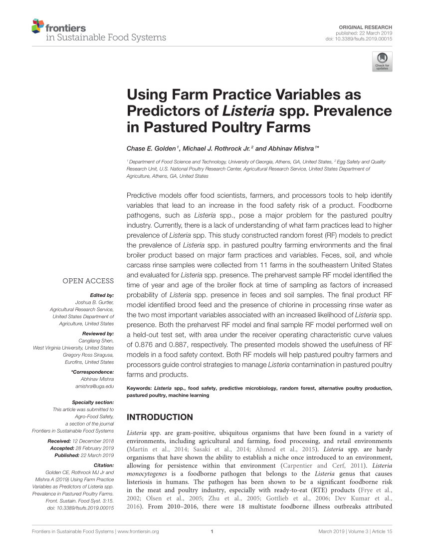 Pdf Using Farm Practice Variables As Predictors Of Listeria Spp Prevalence In Pastured Poultry Farms