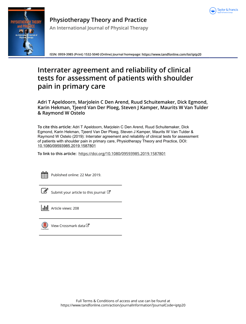 Pdf Interrater Agreement And Reliability Of Clinical Tests For Assessment Of Patients With Shoulder Pain In Primary Care
