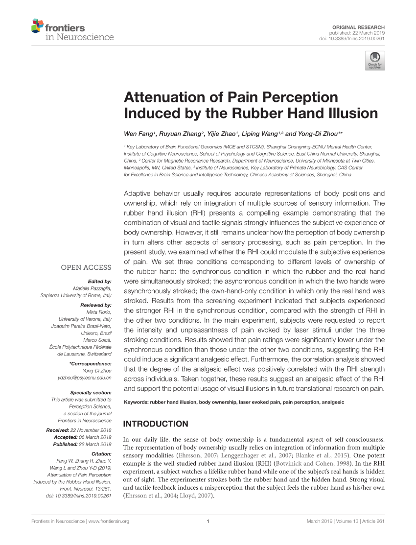 Frontiers  Attenuation of Pain Perception Induced by the Rubber Hand  Illusion