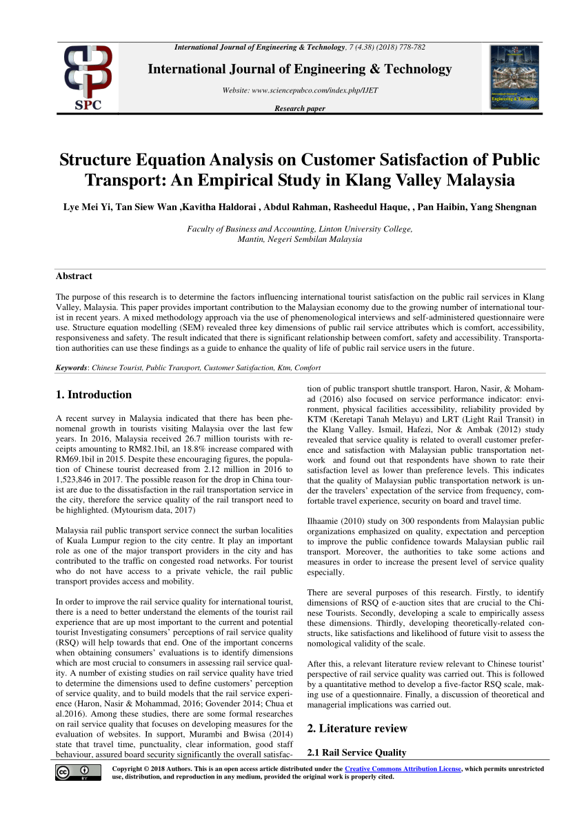 Pdf Structure Equation Analysis On Customer Satisfaction Of Public Transport An Empirical Study In Klang Valley Malaysia