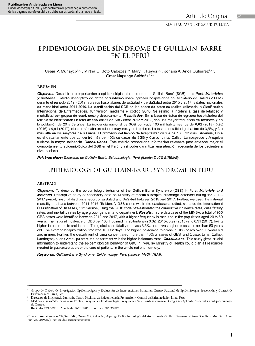 Pdf Epidemiologia Del Sindrome De Guillain Barre En El Peru