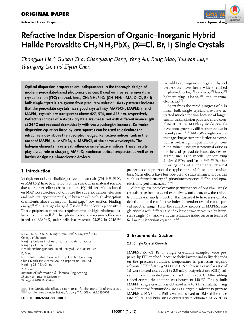 Pdf Refractive Index Dispersion Of Organic Inorganic Hybrid Halide Perovskite Ch3nh3pbx3 X Cl Br I Single Crystals