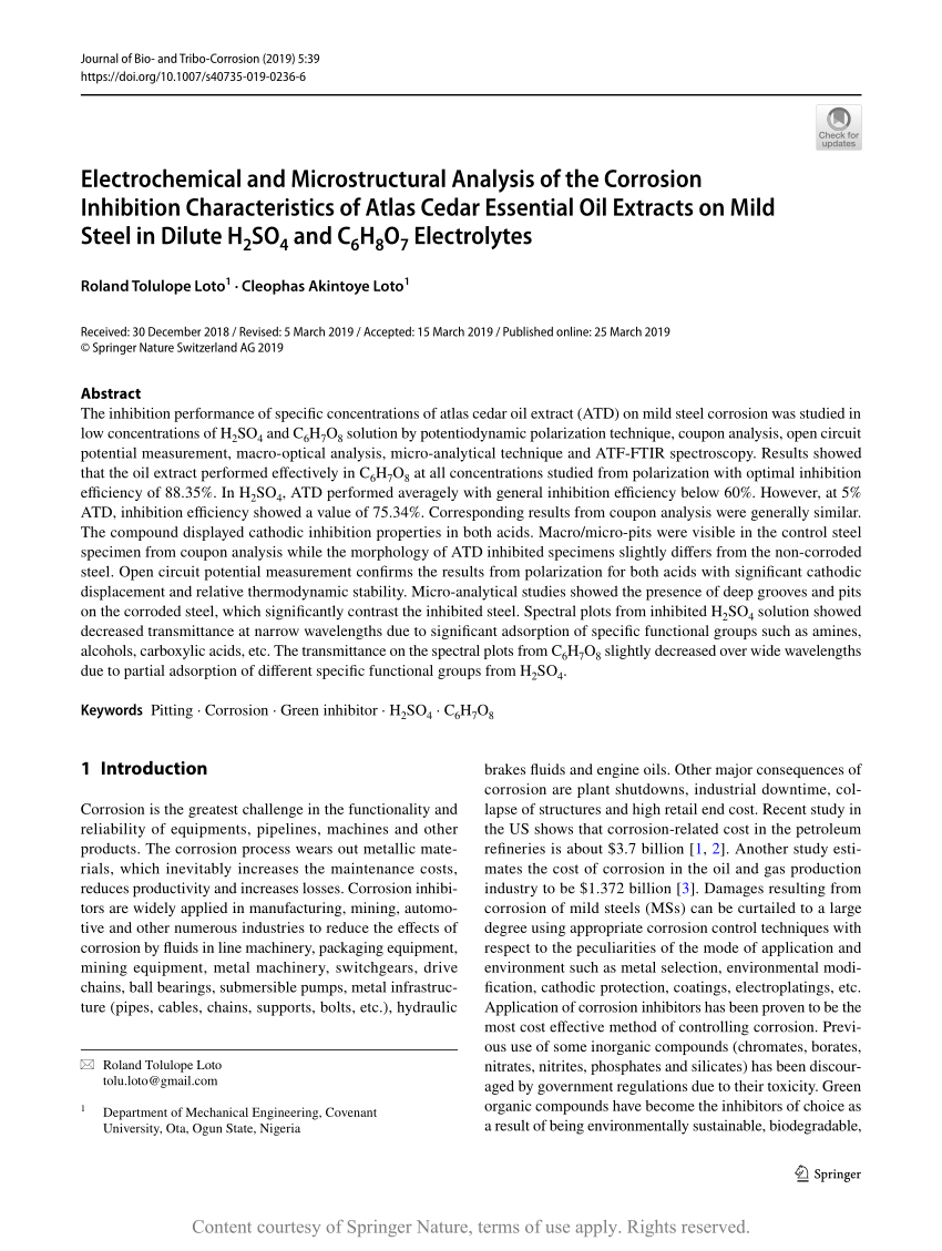 Electrochemical And Microstructural Analysis Of The Corrosion Inhibition Characteristics Of Atlas Cedar Essential Oil Extracts On Mild Steel In Dilute H2so4 And C6h8o7 Electrolytes Request Pdf
