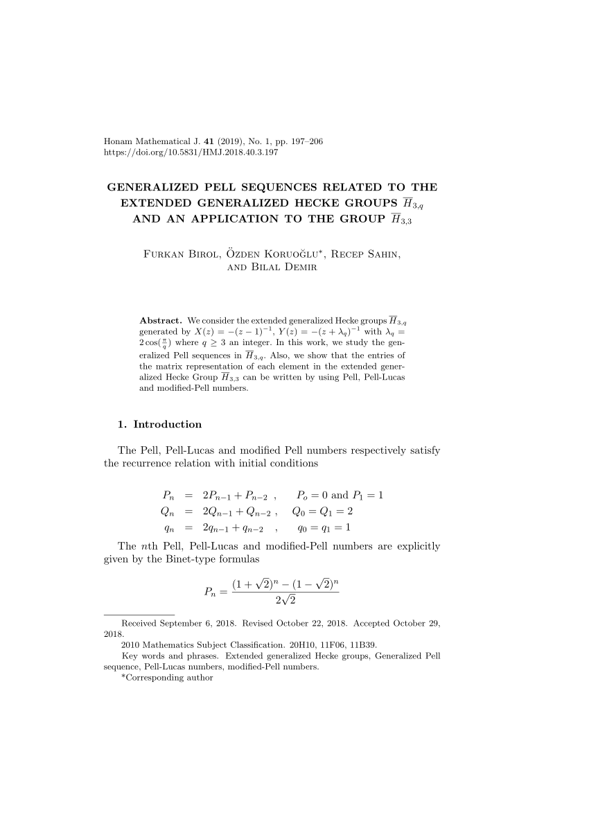 Pdf Generalized Pell Sequences Related To The Extended Generalized Hecke Groups H3 Q And An Application To The Group H3 3
