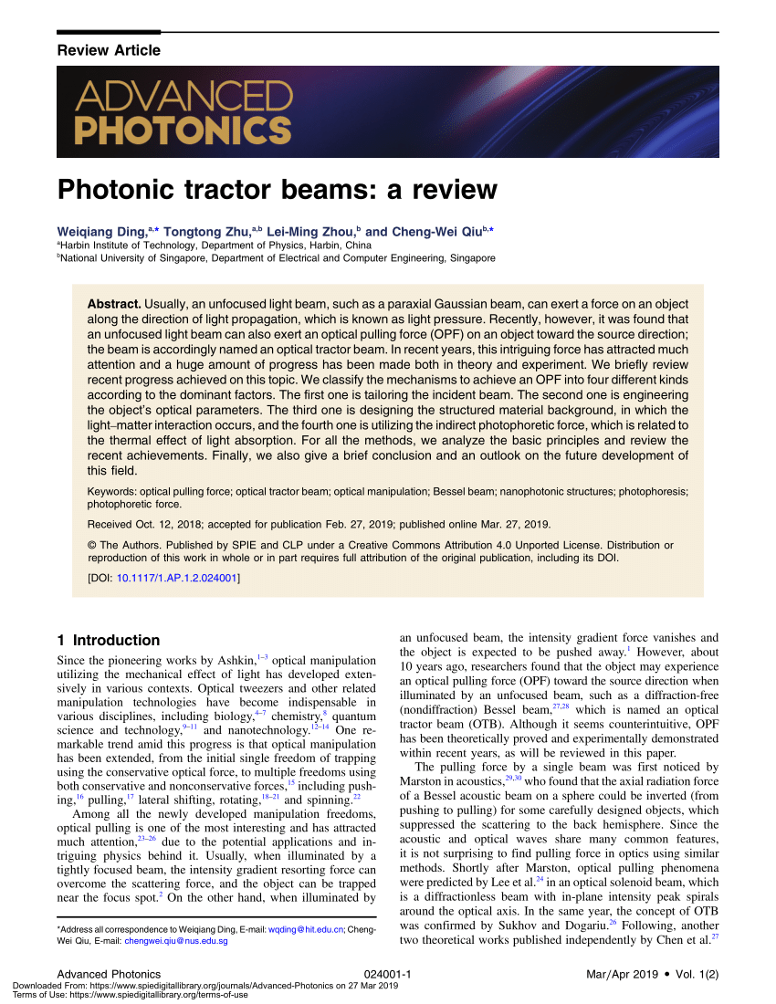 Pdf Photonic Tractor Beams A Review