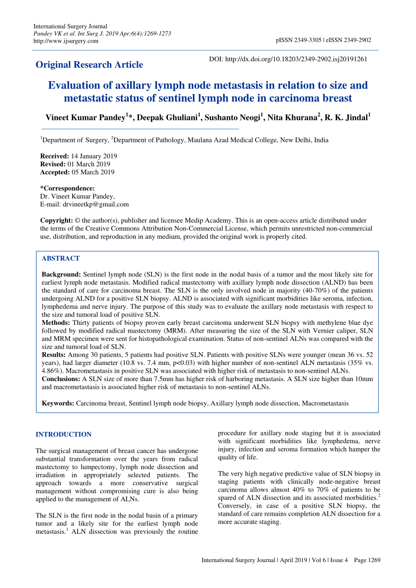 Pdf Evaluation Of Axillary Lymph Node Metastasis In Relation To Size And Metastatic Status Of 