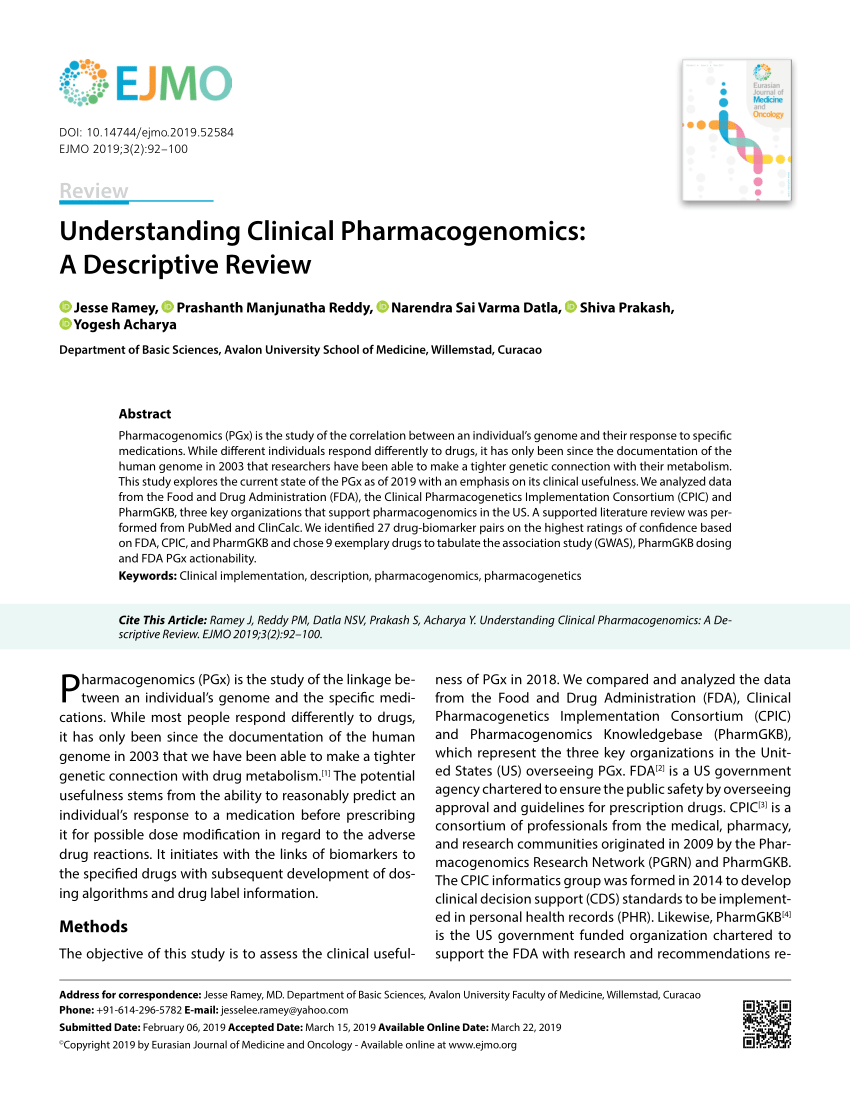 (PDF) Understanding Clinical Pharmacogenomics: A Descriptive Review