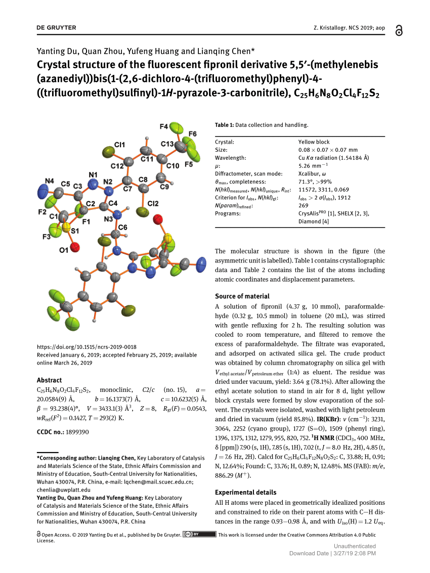 Pdf Crystal Structure Of The Fluorescent Fipronil Derivative 5 5 Methylenebis Azanediyl Bis 1 2 6 Dichloro 4 Trifluoromethyl Phenyl 4 Trifluoromethyl Sulfinyl 1h Pyrazole 3 Carbonitrile C25h6n8o2cl4f12s2