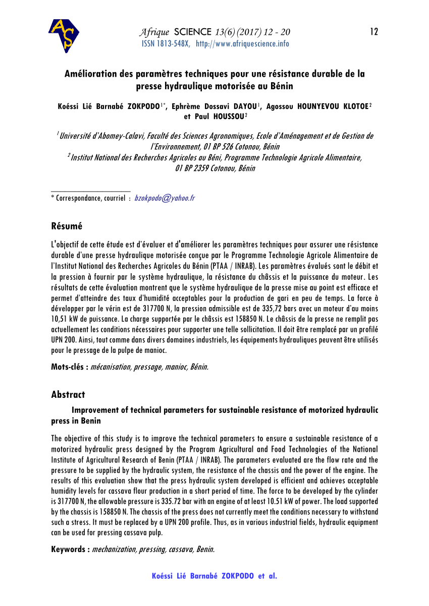 PDF) Amélioration des paramètres techniques pour une résistance durable de  la presse hydraulique motorisée au Bénin