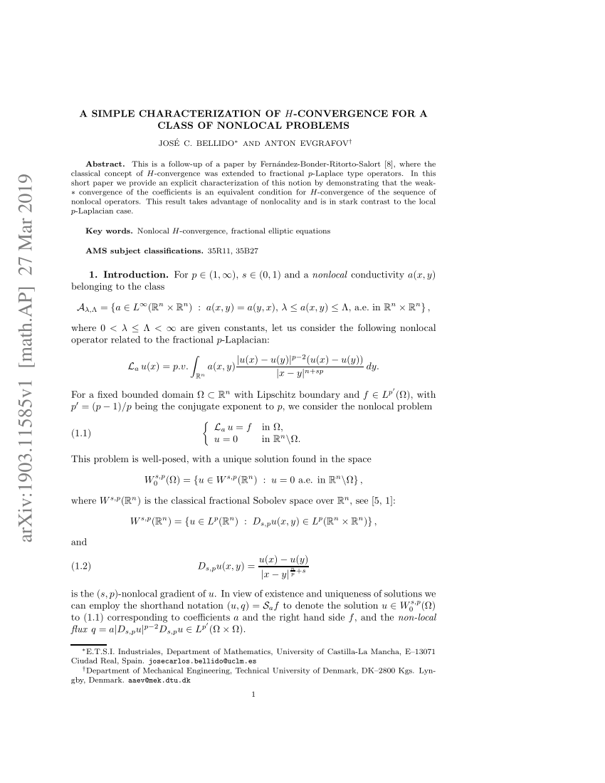 Pdf A Simple Characterization Of H Convergence For A Class Of Nonlocal Problems