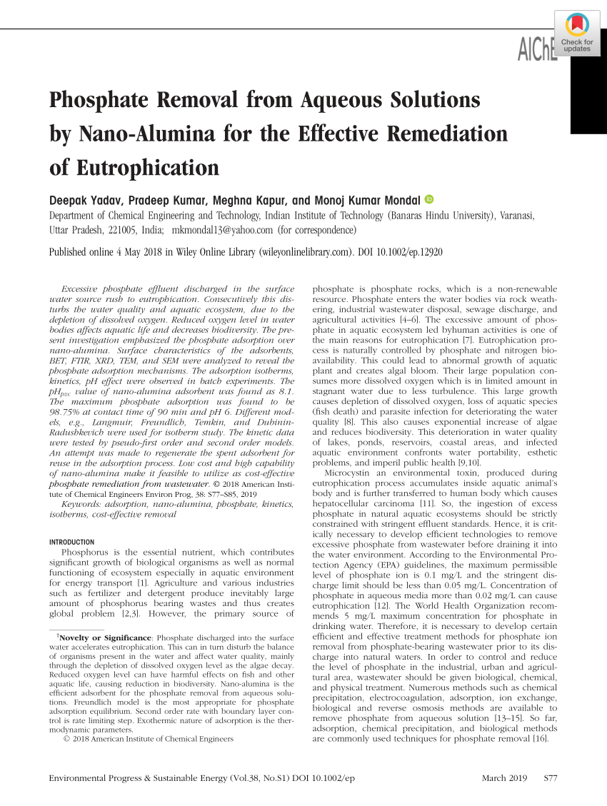 Eutrophication Decrease Phosphate Adsorption Processes In