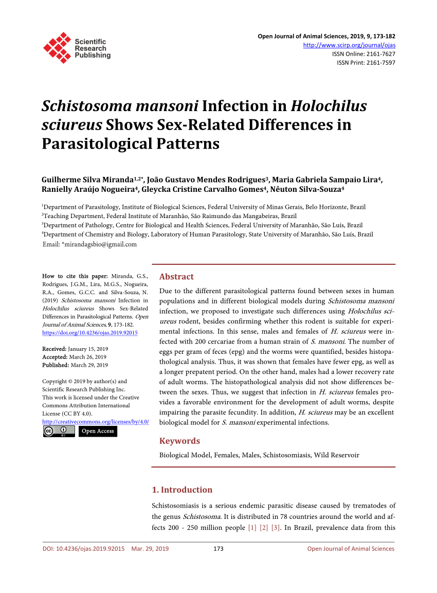 Pdf Schistosoma Mansoni Infection In Holochilus Sciureus Shows Sex Related Differences In 