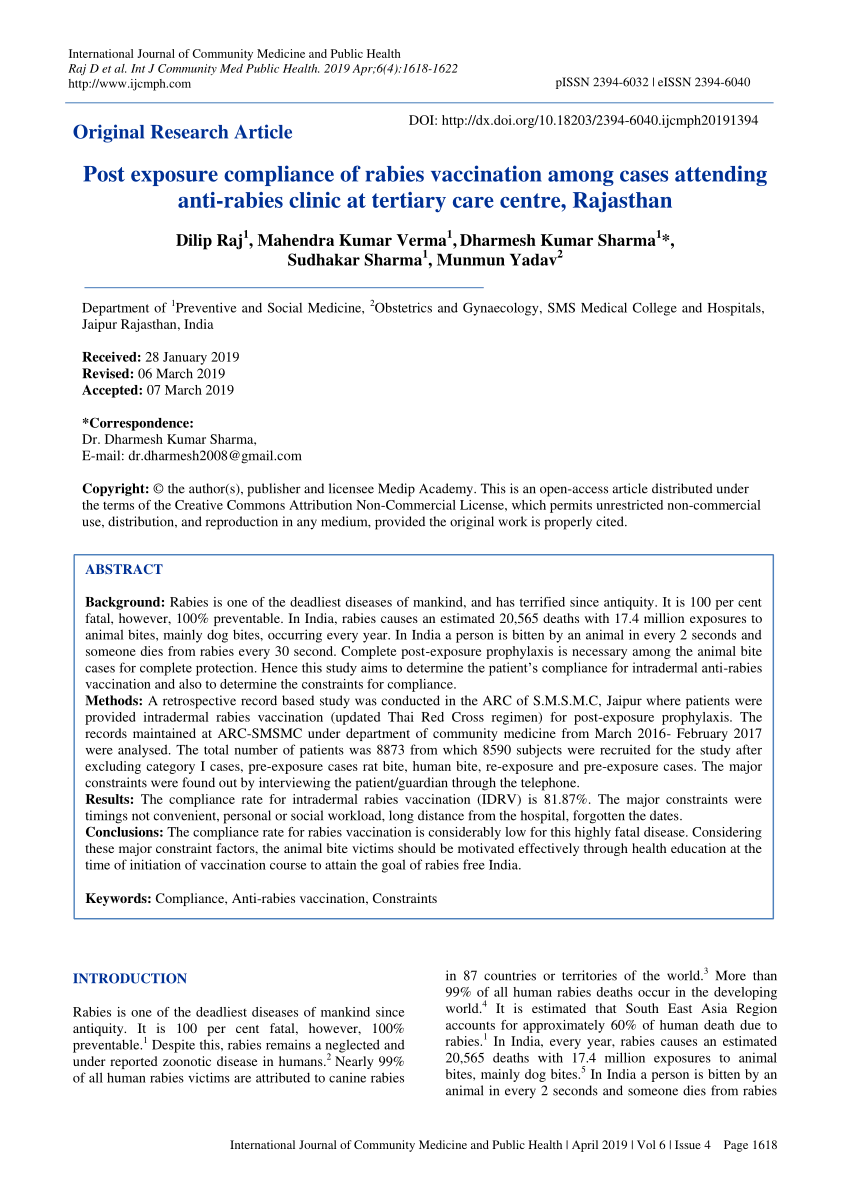 Pdf Post Exposure Compliance Of Rabies Vaccination Among Cases