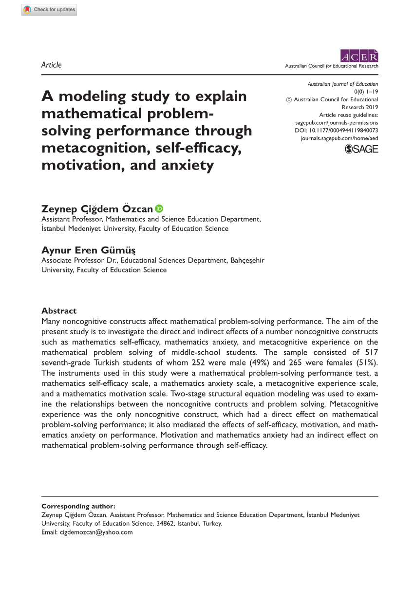 pdf a modeling study to explain mathematical problem solving performance through metacognition self efficacy motivation and anxiety