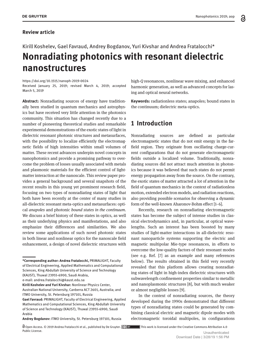 (PDF) Nonradiating photonics with resonant dielectric nanostructures