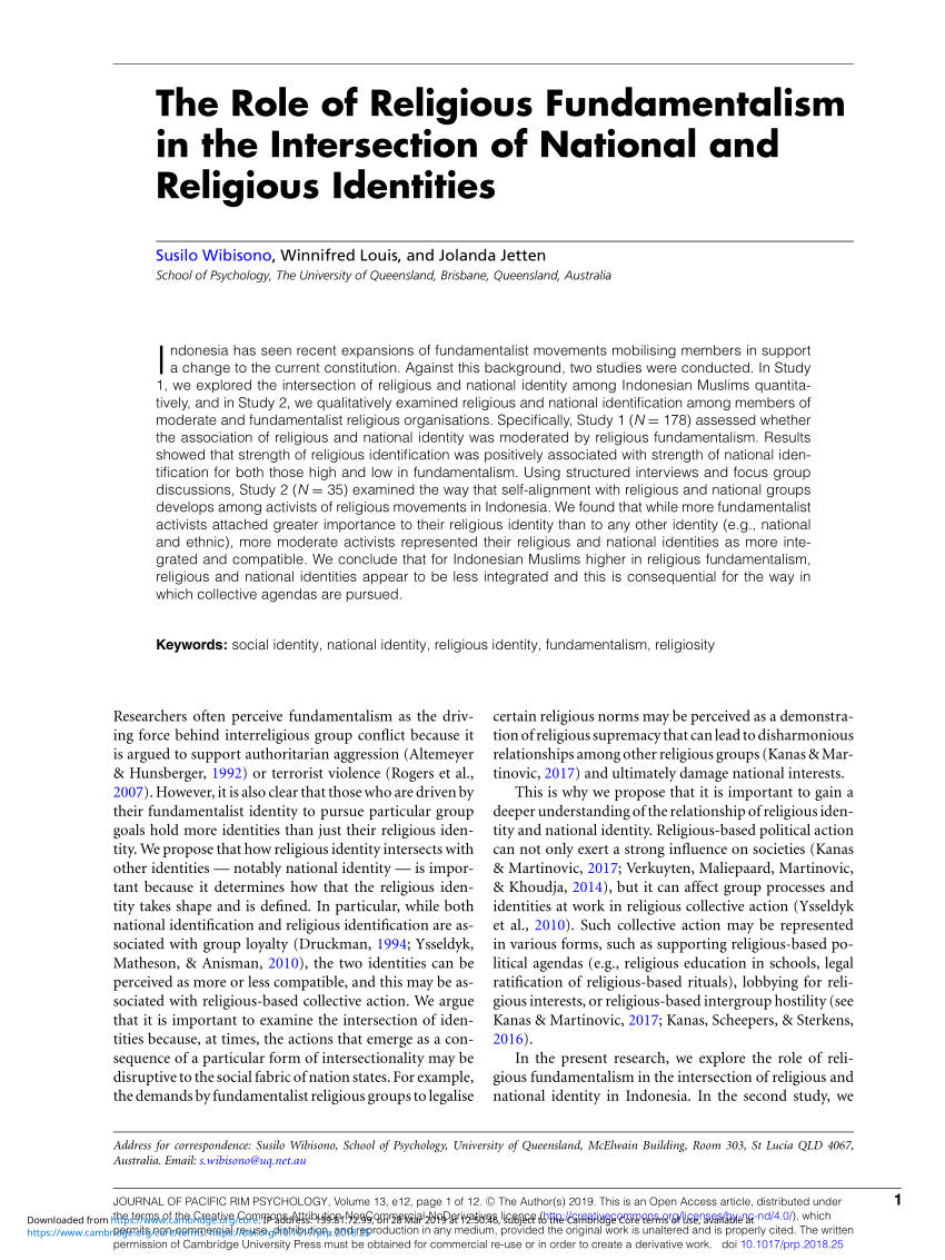 Pdf The Role Of Religious Fundamentalism In The Intersection Of National And Religious Identities 2395