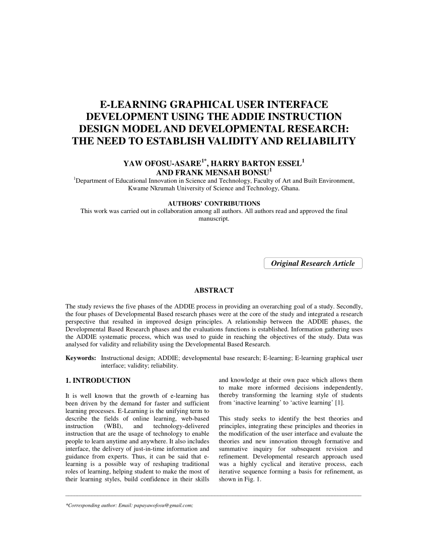 Pdf E Learning Graphical User Interface Development Using The Addie Instruction Design Model And Developmental Research The Need To Establish Validity And Reliability