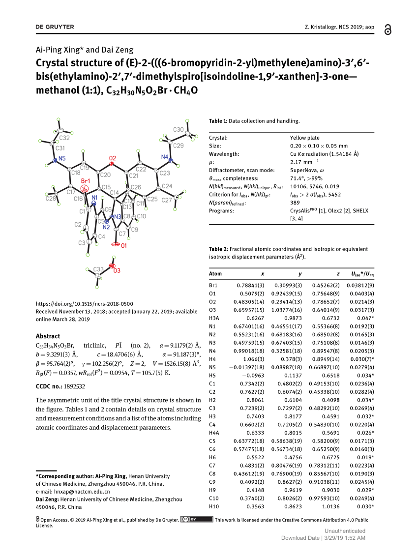 Pdf Crystal Structure Of E 2 6 Bromopyridin 2 Yl Methylene Amino 3 6 Bis Ethylamino 2 7 Dimethylspiro Isoindoline 1 9 Xanthen 3 One Methanol 1 1 C32h30n5o2br Ch4o