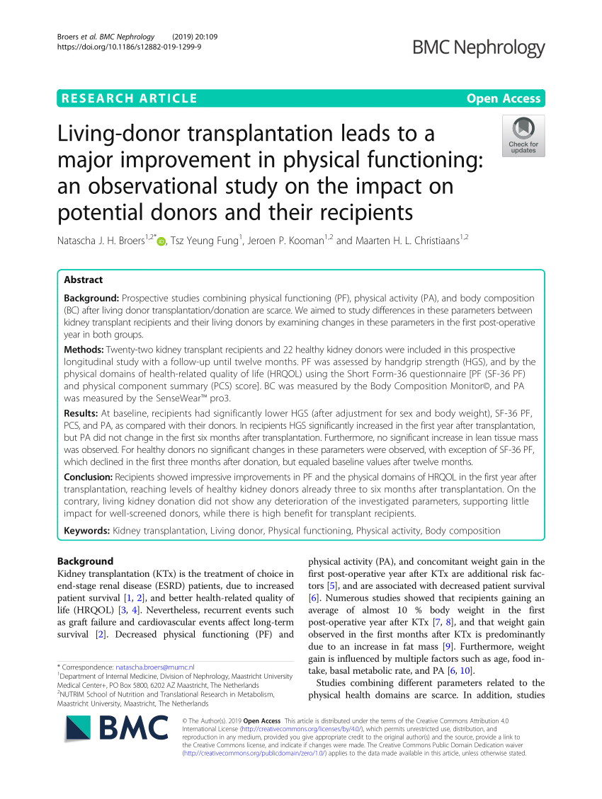PDF) Living-donor transplantation leads to a major improvement in physical functioning An observational study on the impact on potential donors and their recipients pic