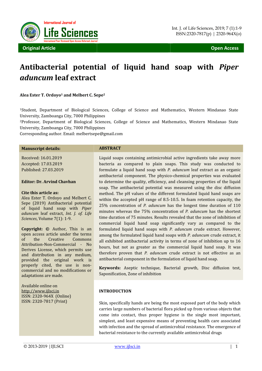 (PDF) Antibacterial potential of liquid hand soap with Piper aduncum