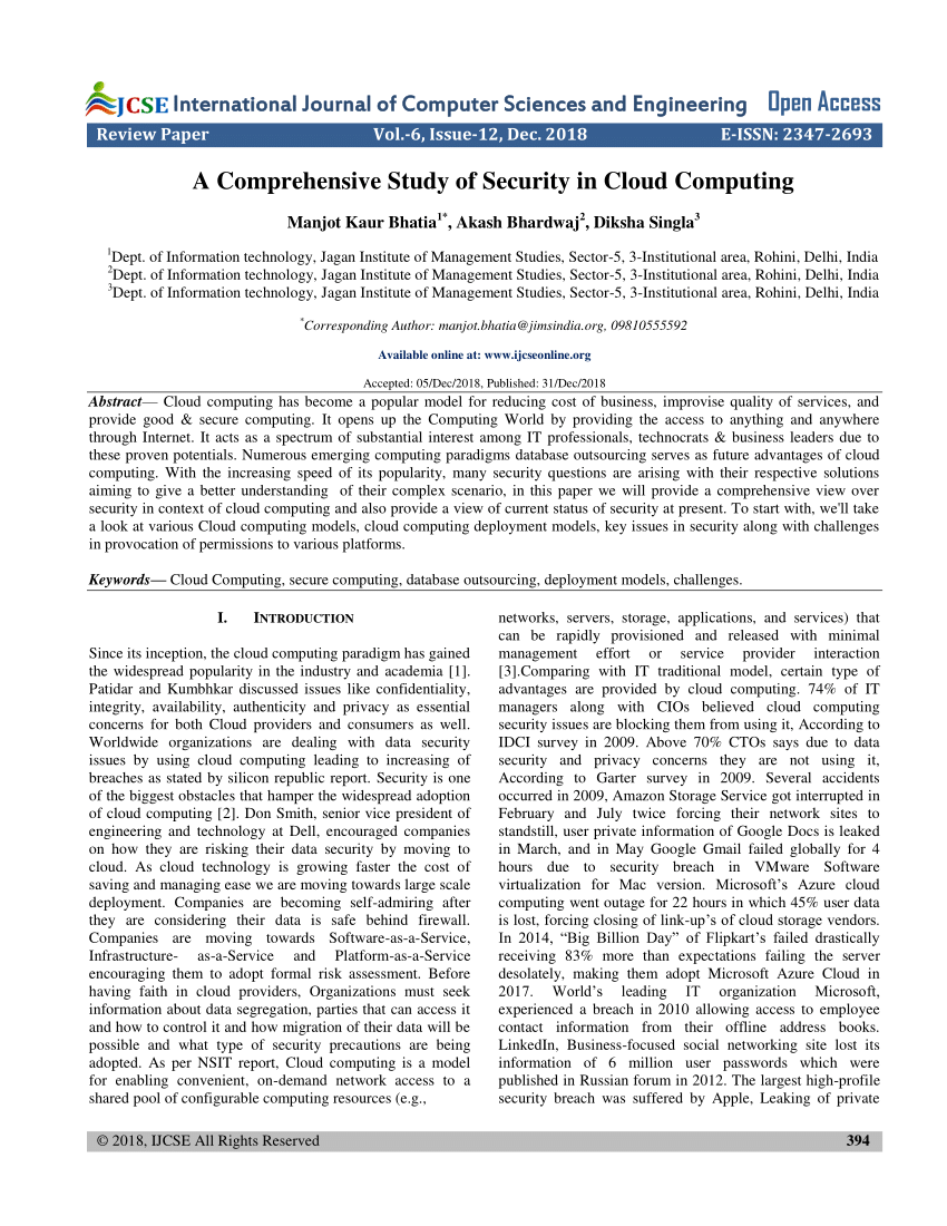 (PDF) A Comprehensive Study of Security in Cloud Computing