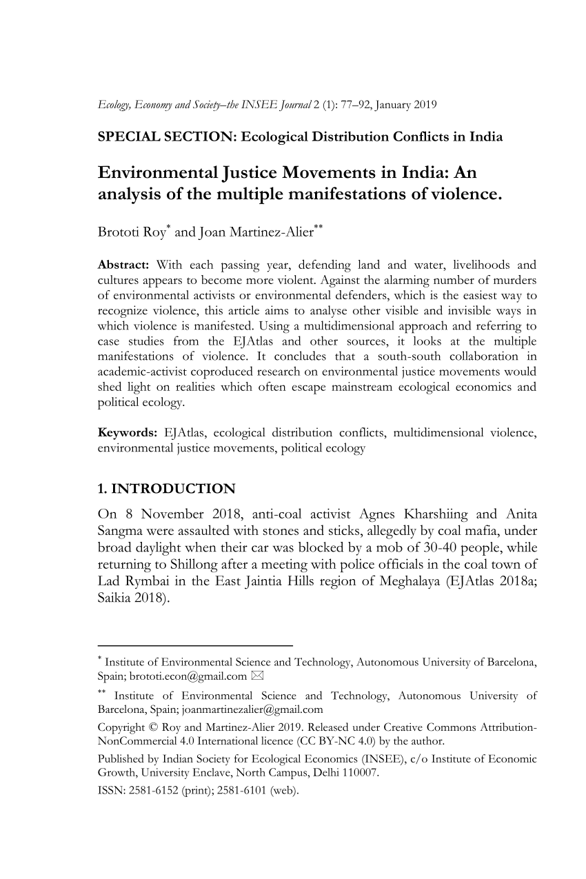 Pdf Environmental Justice Movements In India An Analysis Of The Multiple Manifestations Of Violence