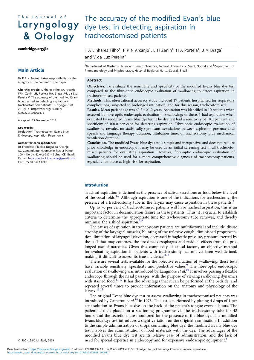 (PDF) The accuracy of the modified Evan's blue dye test in detecting