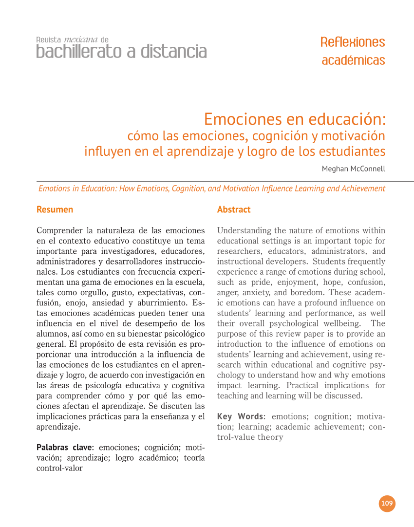 PDF) Emociones en educación: cómo las emociones, cognición y motivación  influyen en el aprendizaje y logro de los estudiantes