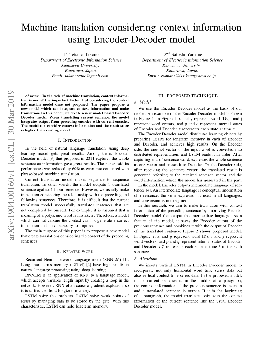 Pdf Machine Translation Considering Context Information Using Encoder Decoder Model