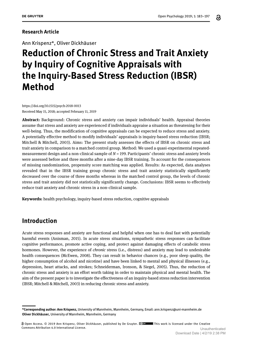 Pdf Reduction Of Chronic Stress And Trait Anxiety By Inquiry Of Cognitive Appraisals With The