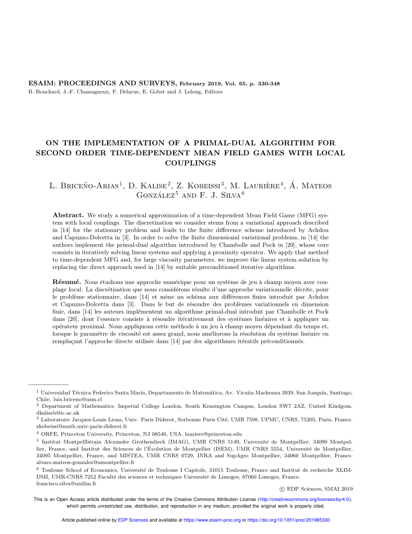 Pdf On The Implementation Of A Primal Dual Algorithm For Second Order Time Dependent Mean Field Games With Local Couplings