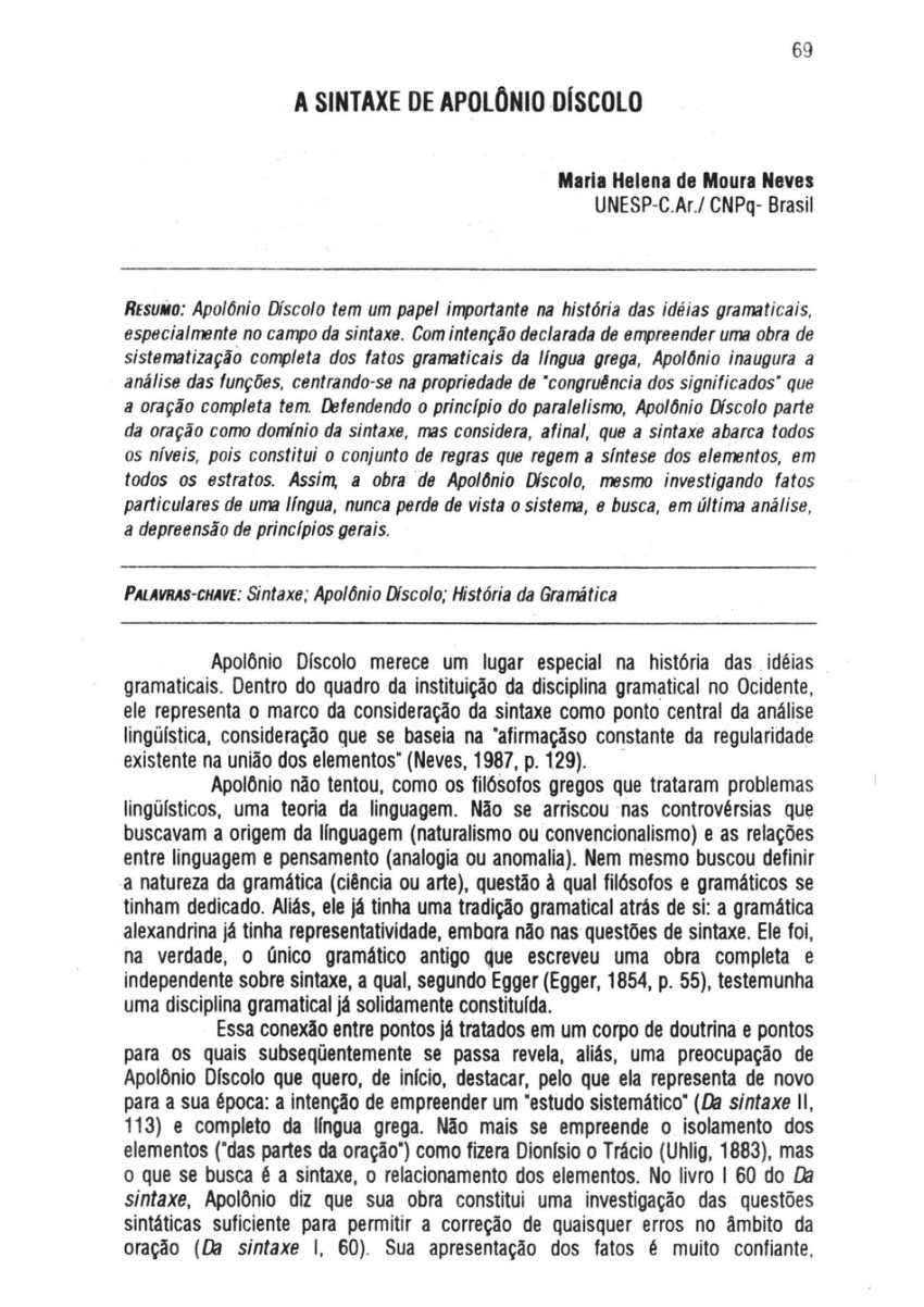 QUADRO 2 Os rótulos Pronome e Artigo segundo Apolônio Díscolo, séc