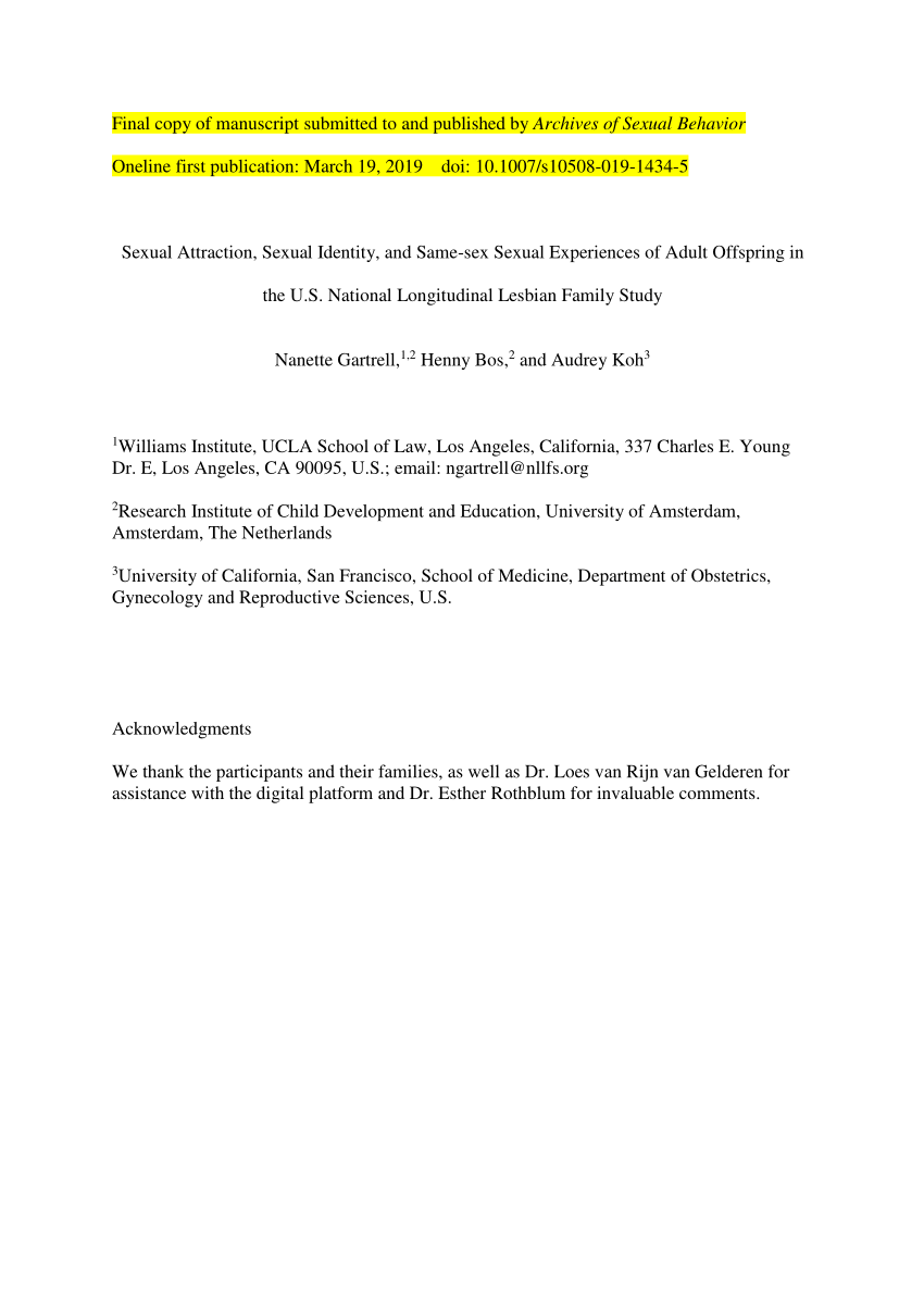 PDF) Sexual Attraction, Sexual Identity, and Same-Sex Sexual Experiences of  Adult Offspring in the U.S. National Longitudinal Lesbian Family Study