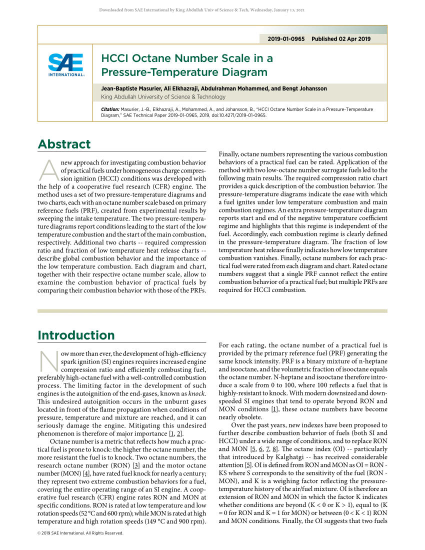 Pdf Hcci Octane Number Scale In A Pressure Temperature Diagram