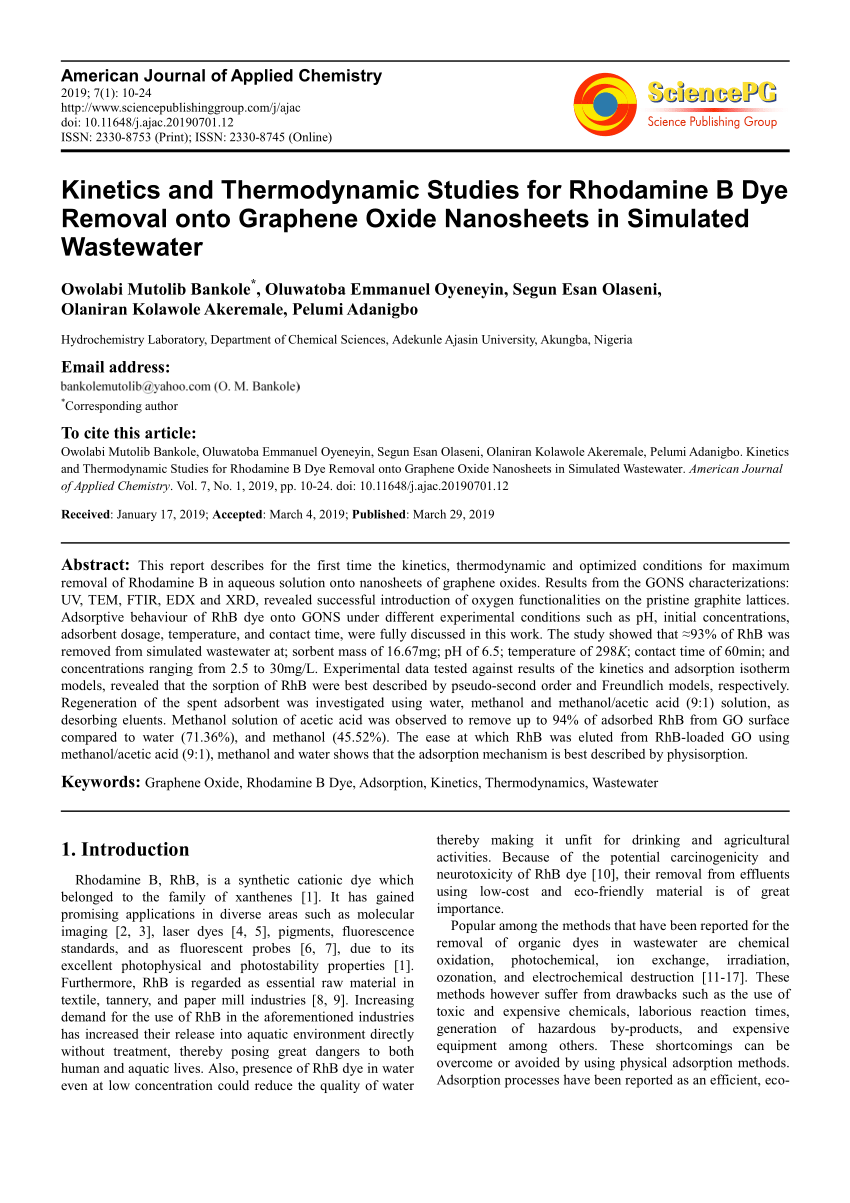 Pdf Kinetics And Thermodynamic Studies For Rhodamine B Dye Removal Onto Graphene Oxide Nanosheets In Simulated Wastewater And Thermodynamic Studies For Rhodamine B Dye Removal Onto Graphene Oxide Nanosheets In Simulated