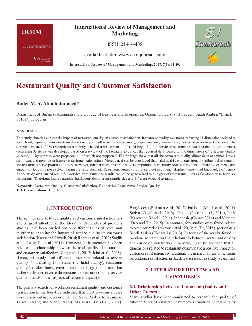 literature review of service quality in restaurants