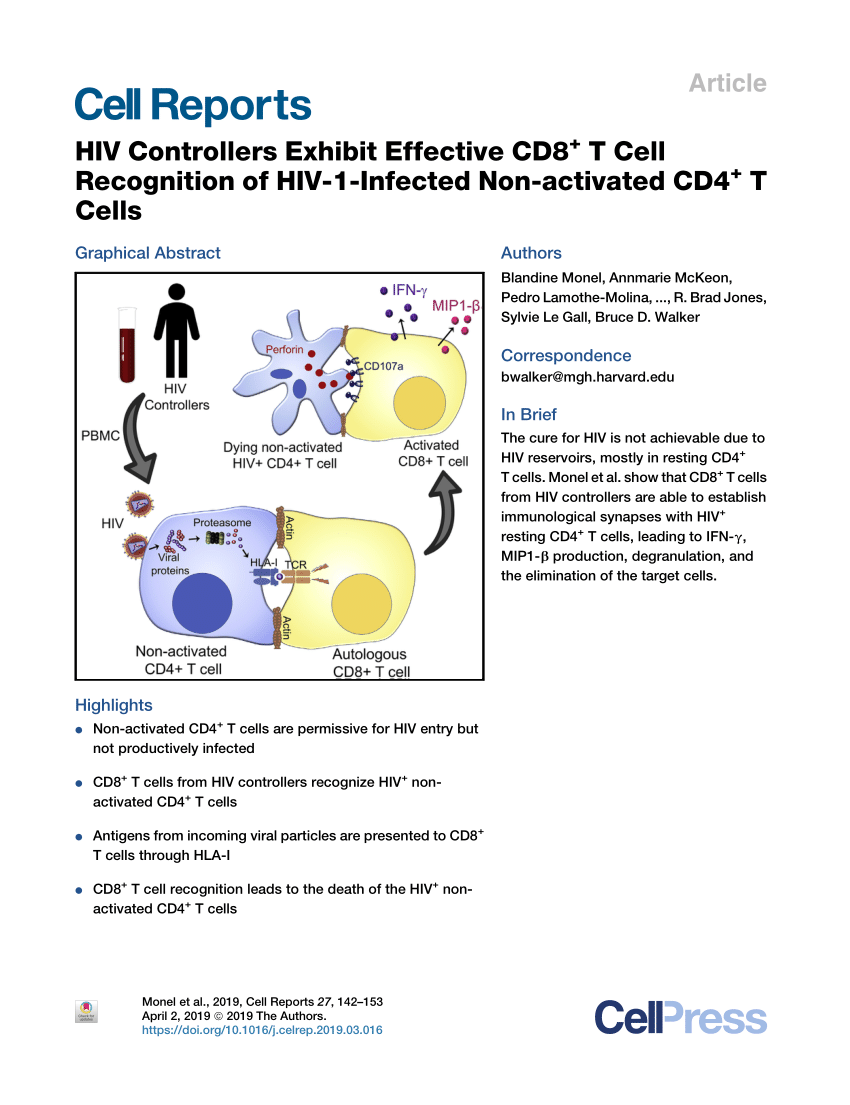 Pdf Hiv Controllers Exhibit Effective Cd8 T Cell Recognition Of Hiv 1 Infected Non Activated Cd4 T Cells