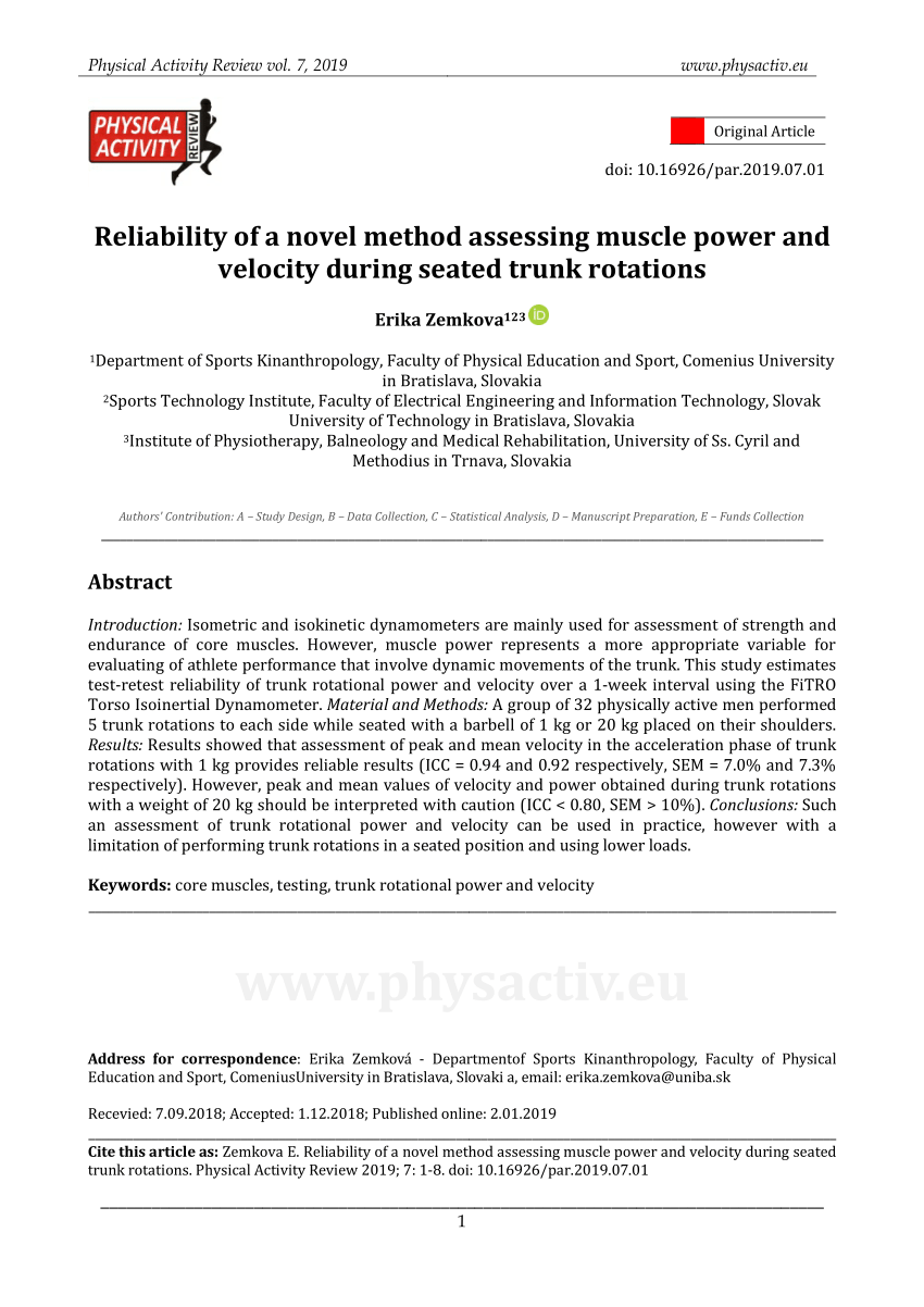 Pdf Reliability Of A Novel Method Assessing Muscle Power And Velocity During Seated Trunk Rotations